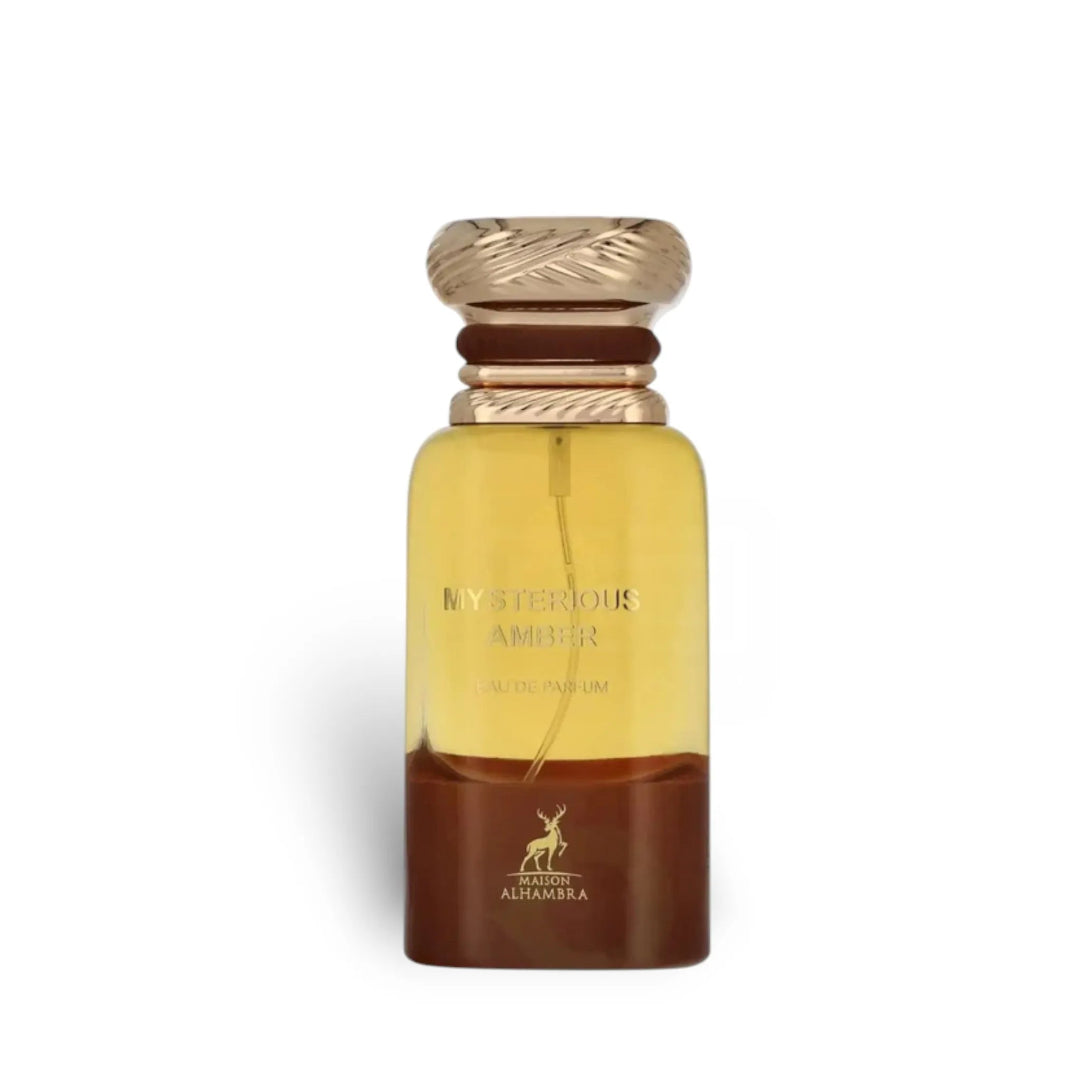 Perfume bottle labeled 'Mysterious Amber' by Maison Aramis on a white background
