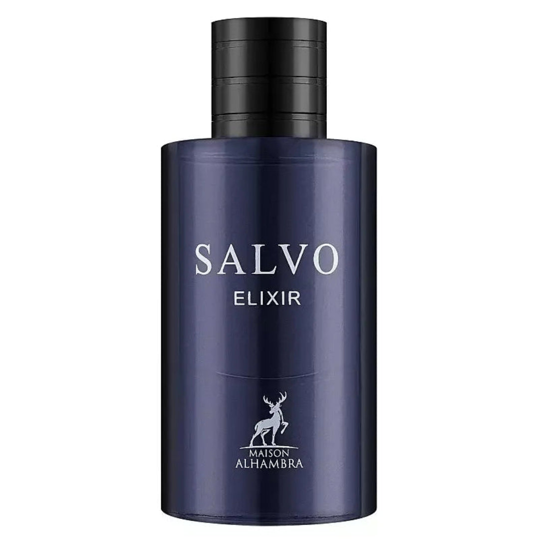 Blue bottle of Salvo Elixir with black cap on a white background