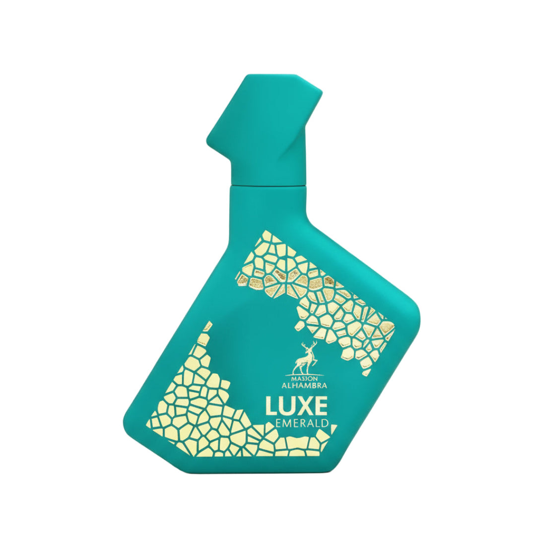 Teal bottle with gold geometric patterns on a white background