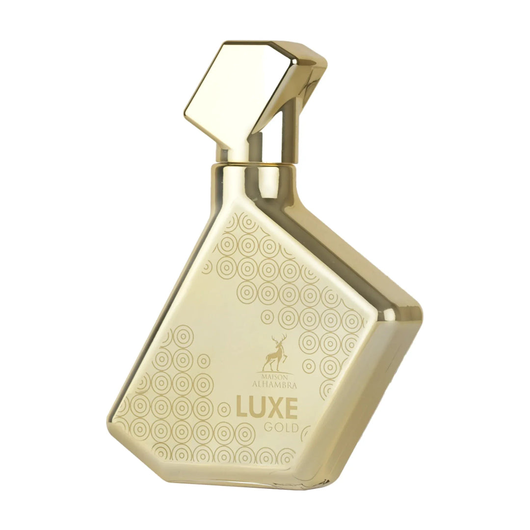 Gold perfume bottle with 'Luxe Gold' branding on a white background