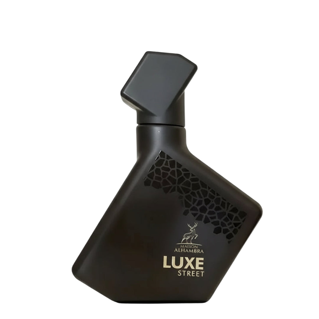 Black perfume bottle with 'Luxe Street' branding on a white background