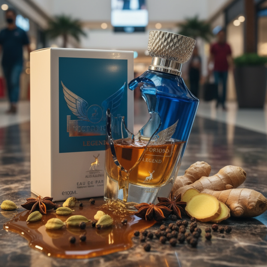 Perfume bottle broken, mango vapor emerging; shopping mall hallway Malaysia &mdash; clear bottle and box, cinematic lighting.