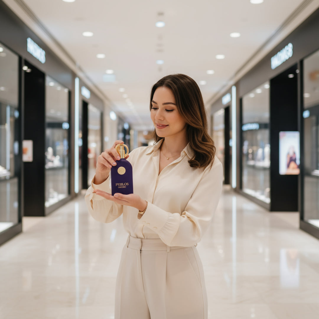 Woman holding a perfume Philos Centro in a shopping mall