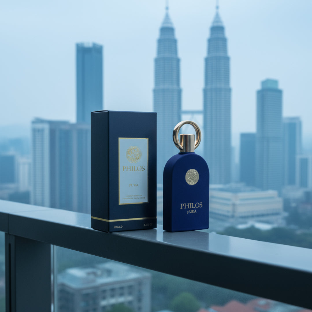 Philos Pura by Maison Alhambra perfume bottle blue morning KL skyline men fragrance Malaysia