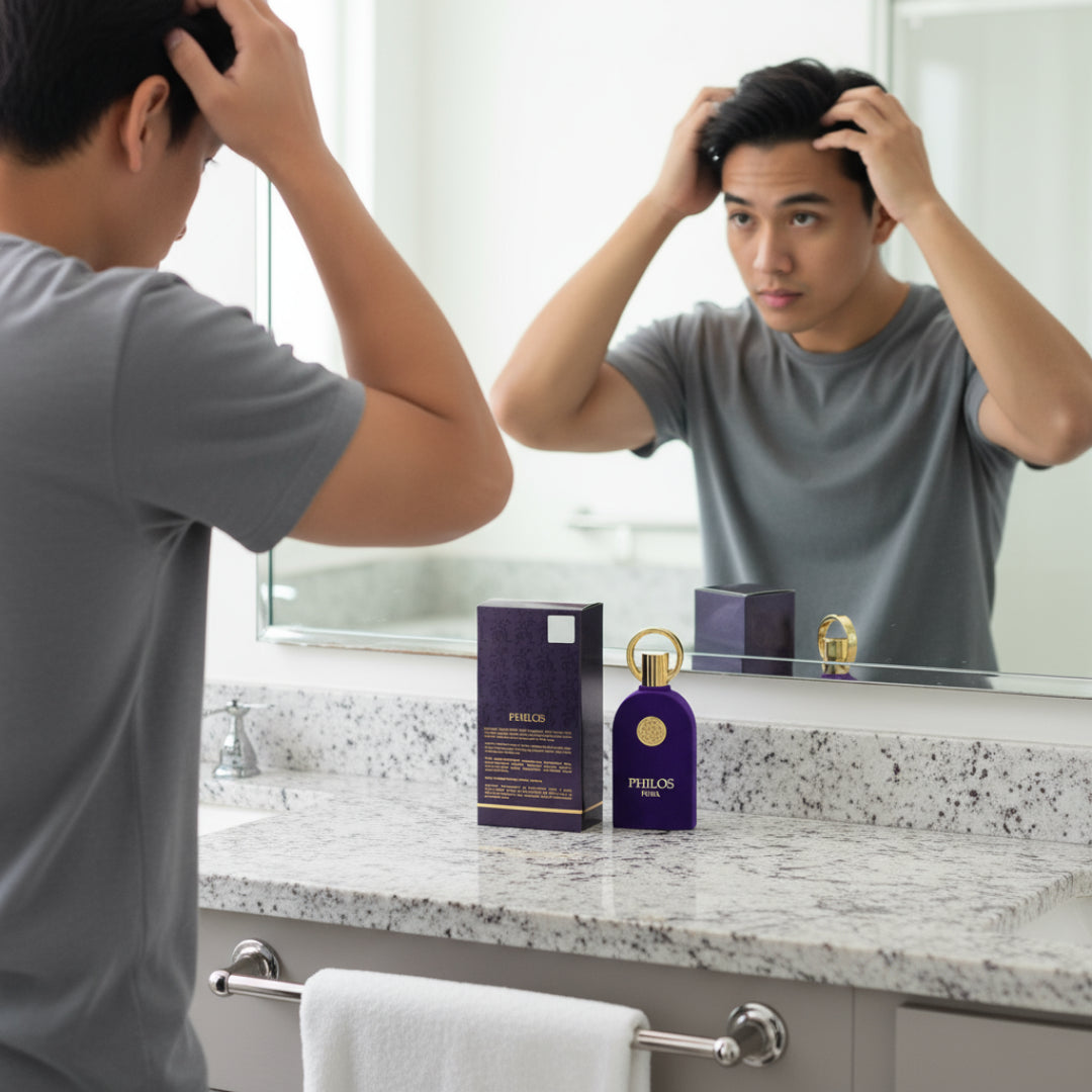 Malay man grooming with Philos Pura by Maison Alhambra perfume on counter men fragrance Malaysia