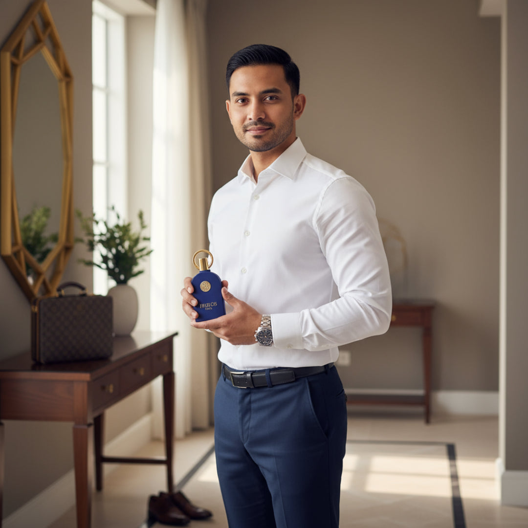 Malay man white shirt holding Philos Pura Maison Alhambra perfume men scent Malaysia