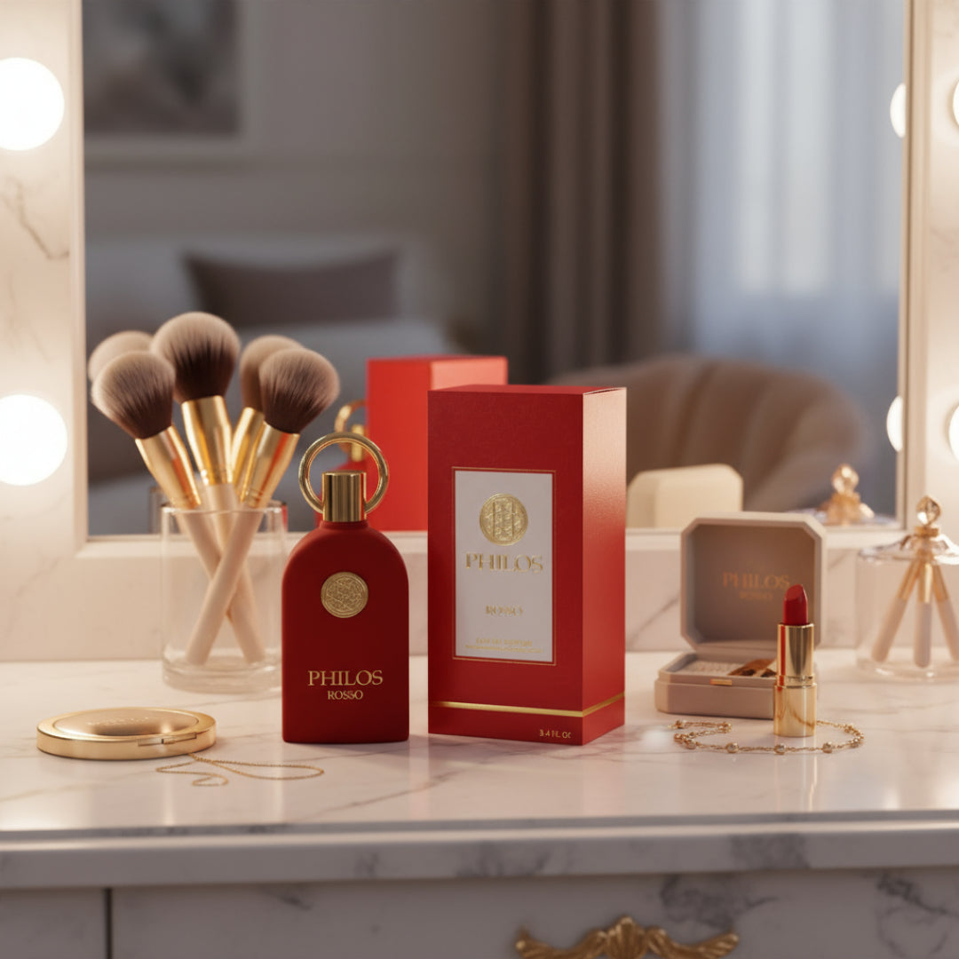 Philos Rosso di meja solek wanita Malaysia, gaya glam elegan