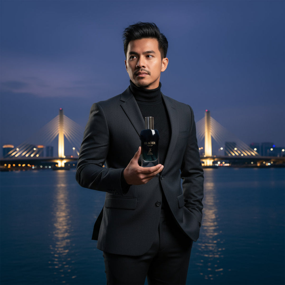 Malay man near Putrajaya bridge at blue hour, Glacier Bold in hand, cold wind effect, elegant masculine vibe