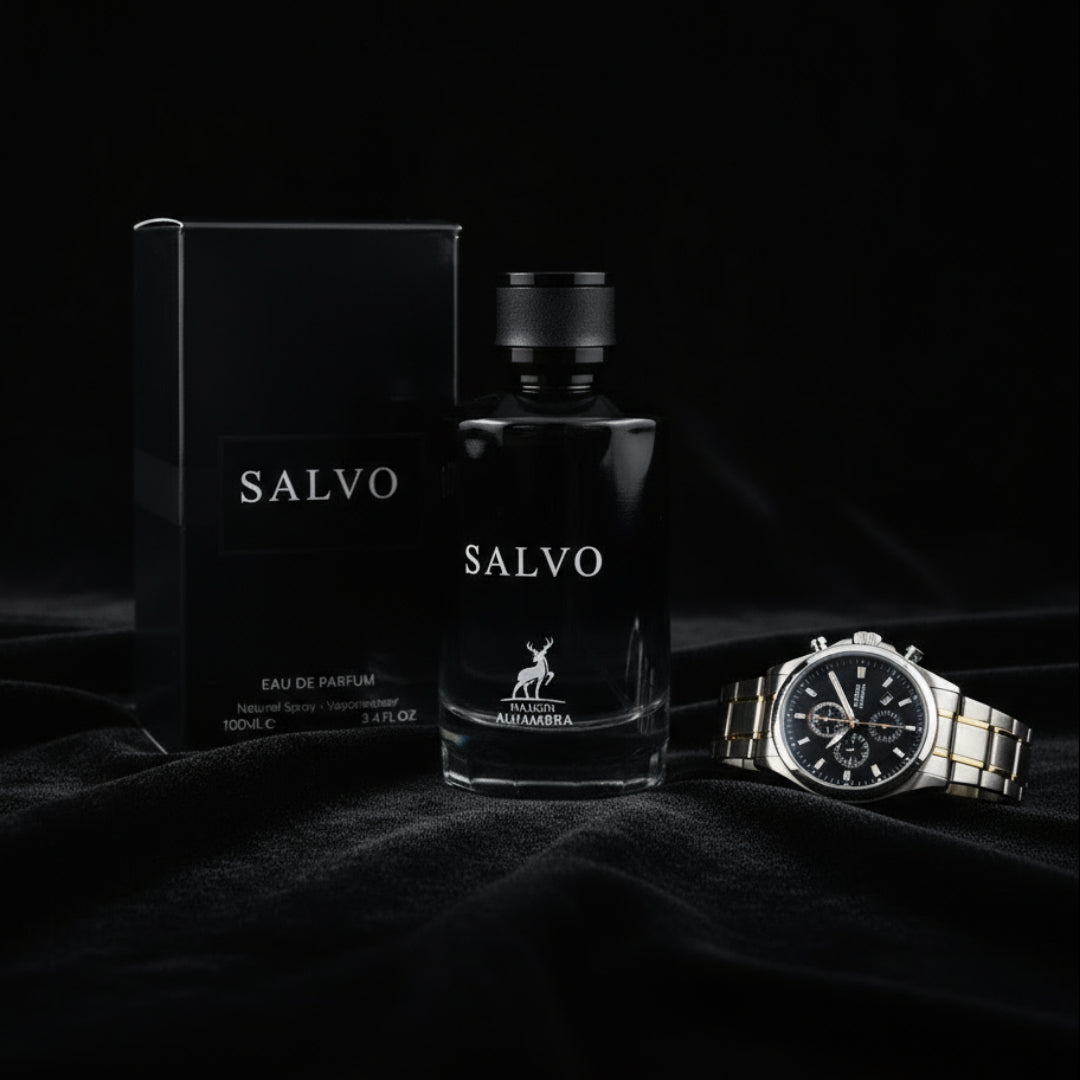 Salvo Maison Alhambra lelaki dengan suit formal dan jam tangan, gaya elegan premium Malaysia