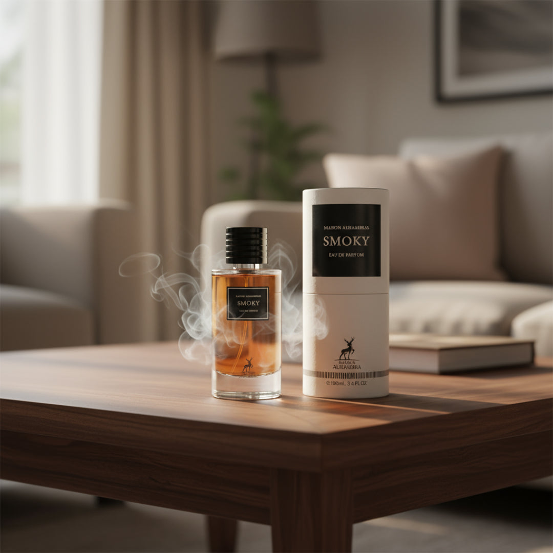 “Smoky Maison Alhambra atas meja kopi dengan asap lembut, vibe cozy unisex Malaysia