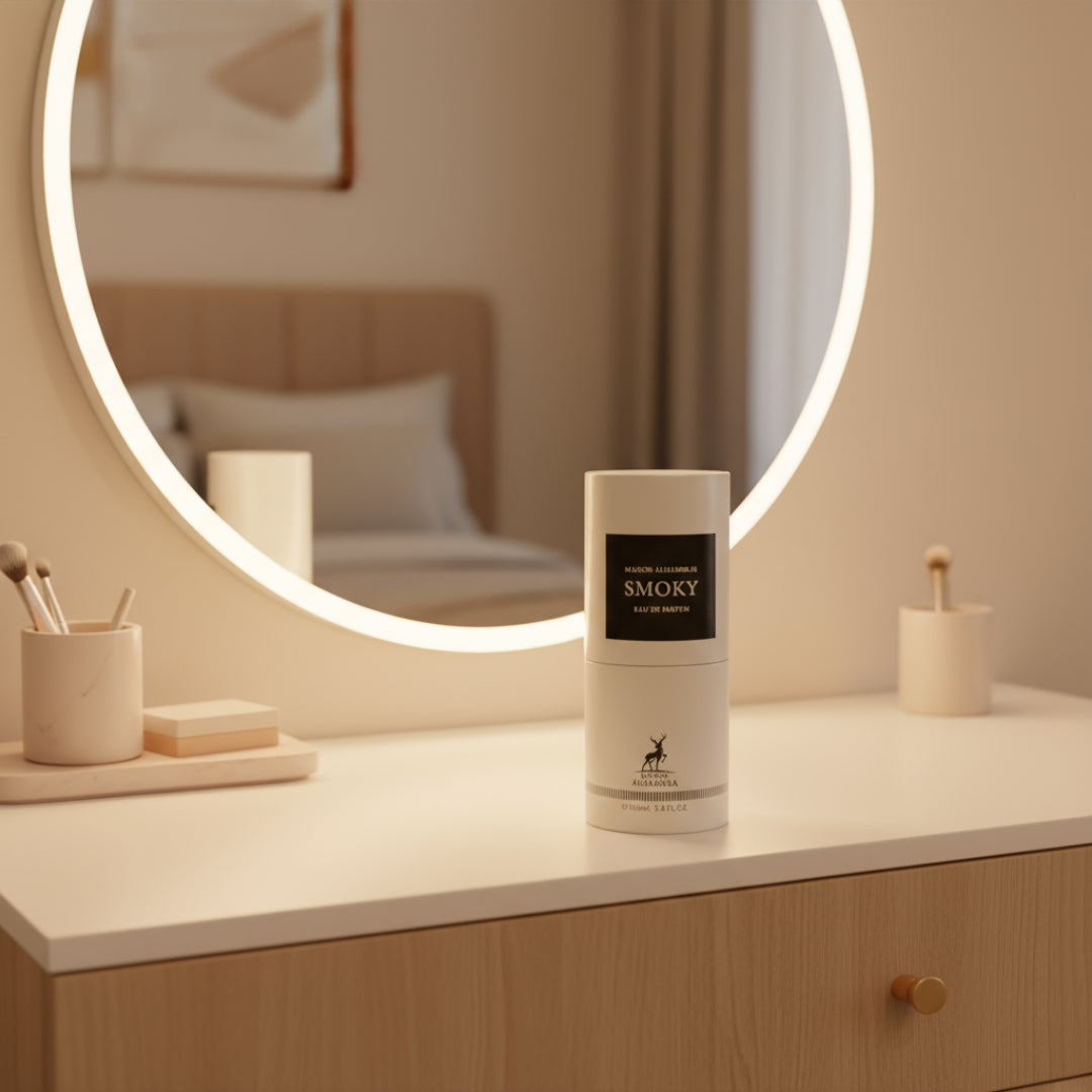 Smoky perfume atas meja solek moden, lighting warm lembut Malaysia