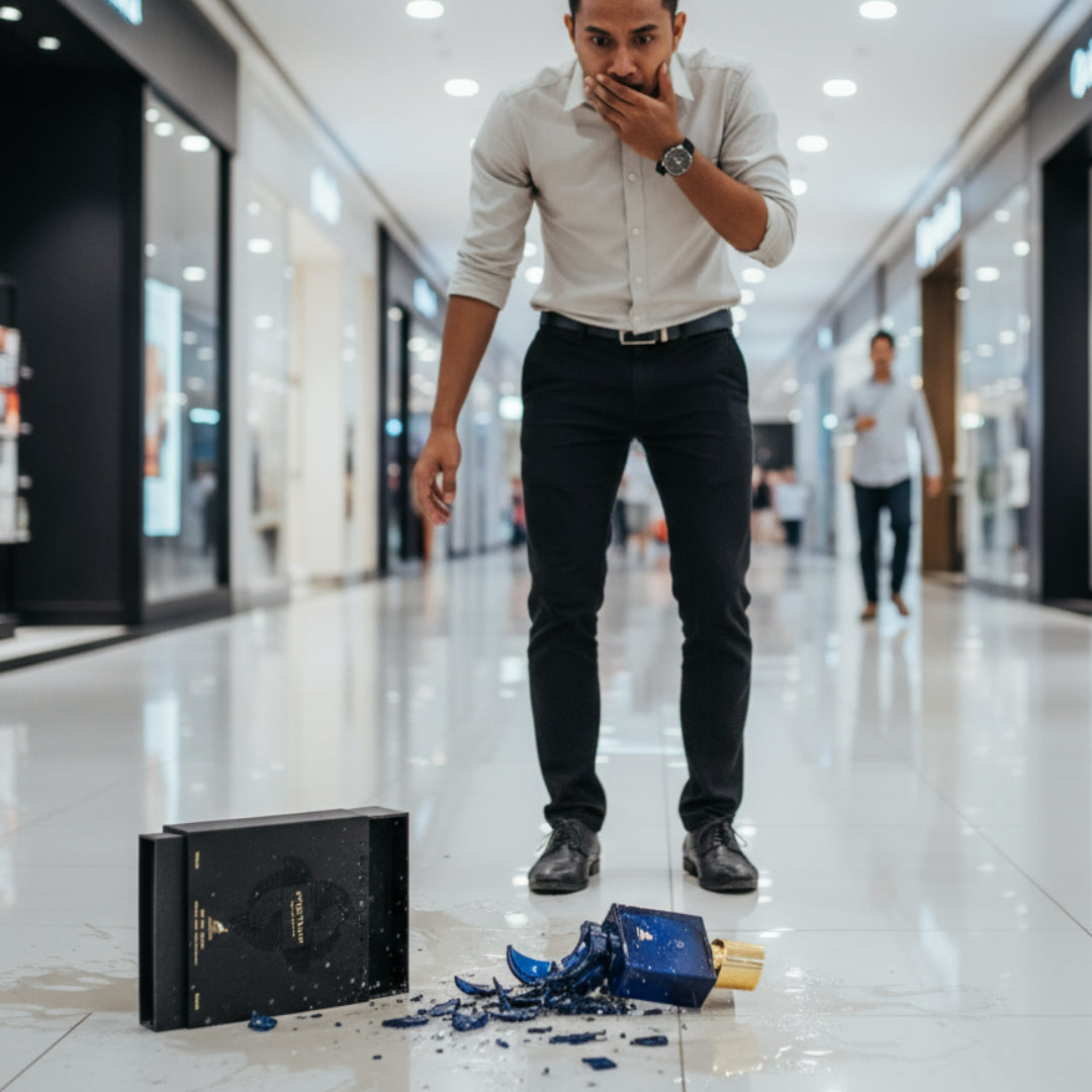 Man standing in a mall with broken items on the floor