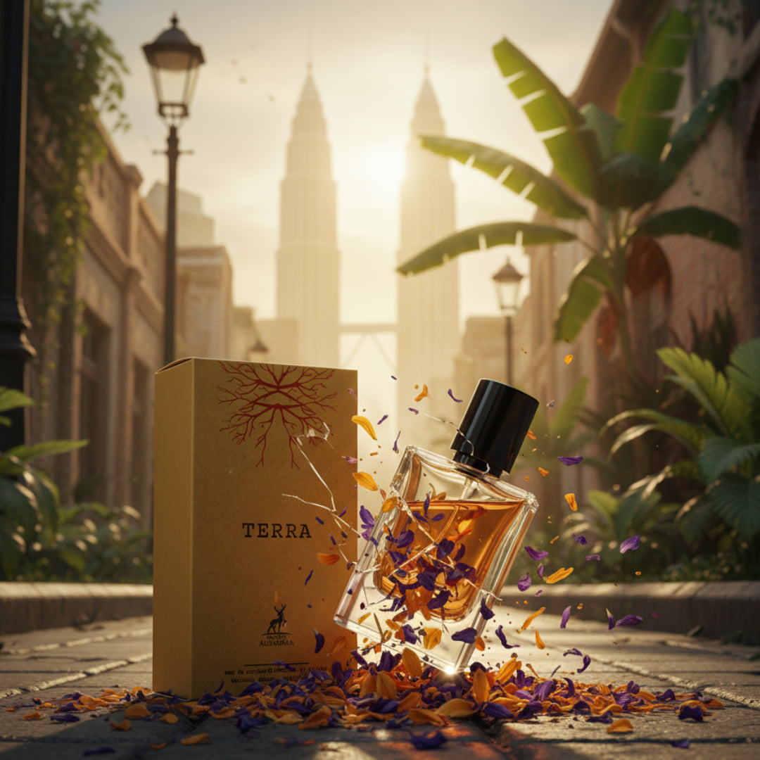 Terra perfume bottle and box with flowers on a city street background