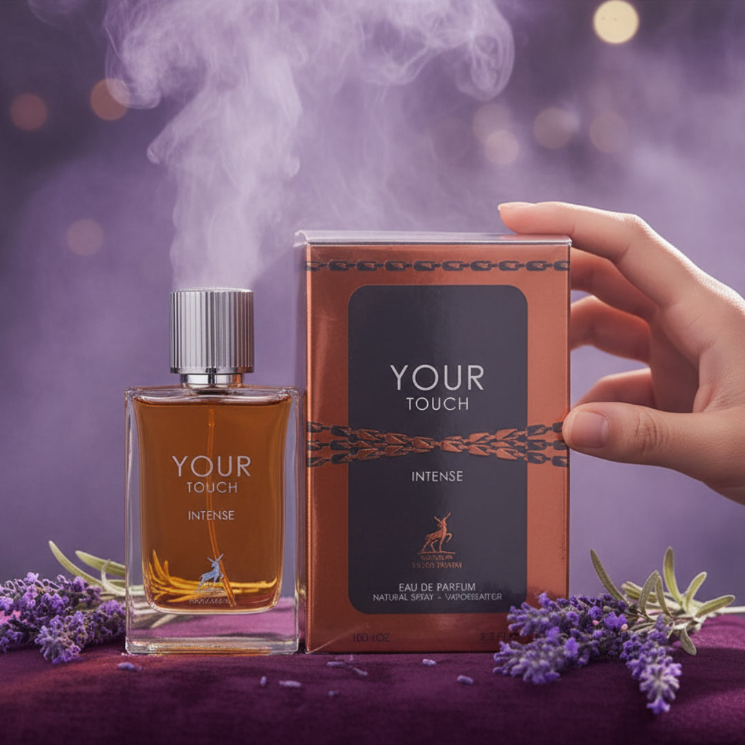 Your Touch Intense on velvet with lavender mist, Malaysian woman reaching; clear bottle and box, warm cinematic light.