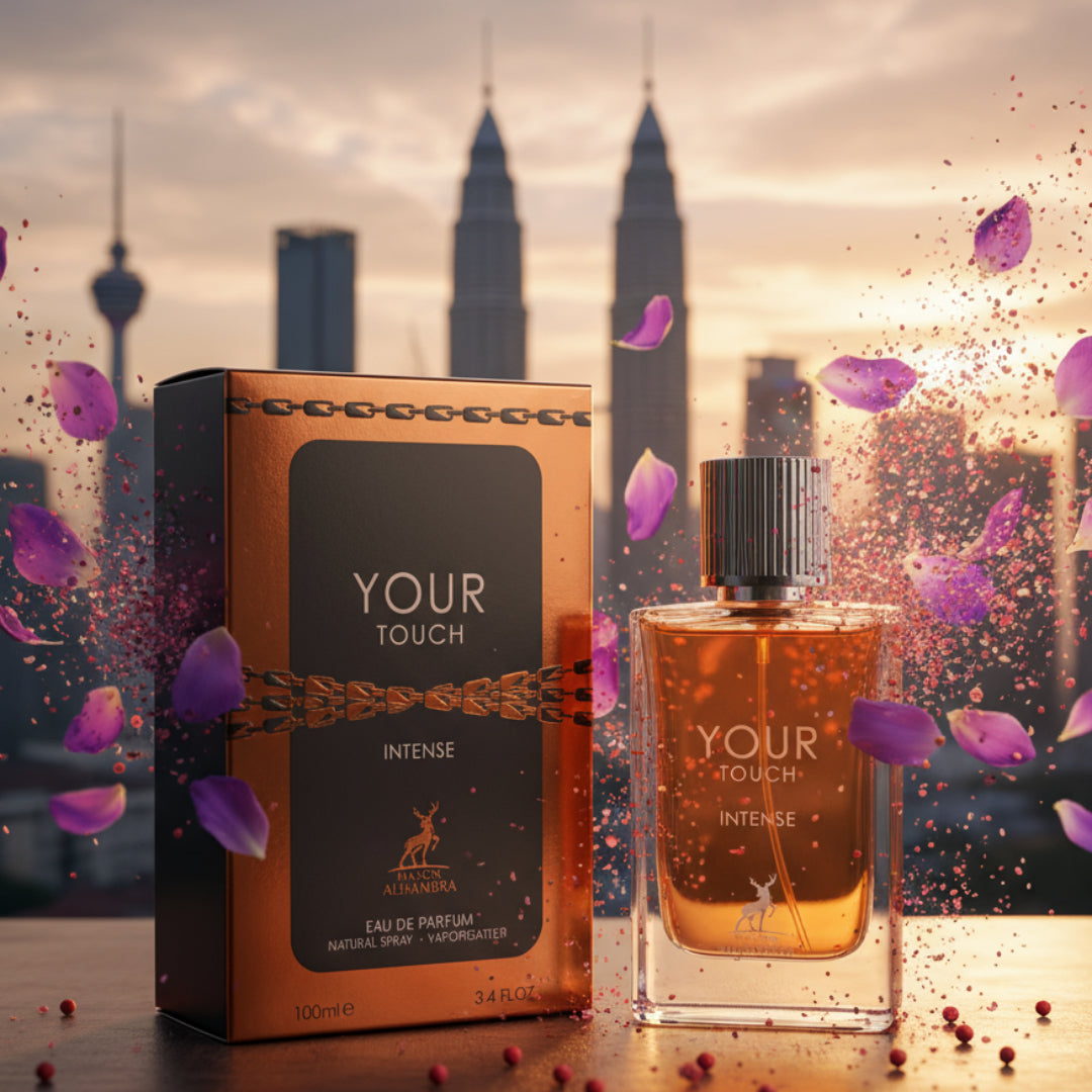 Your Touch Intense bottle with violet petals and pink pepper sparks at KL rooftop dusk; bottle and box clearly visible, cinematic realism.