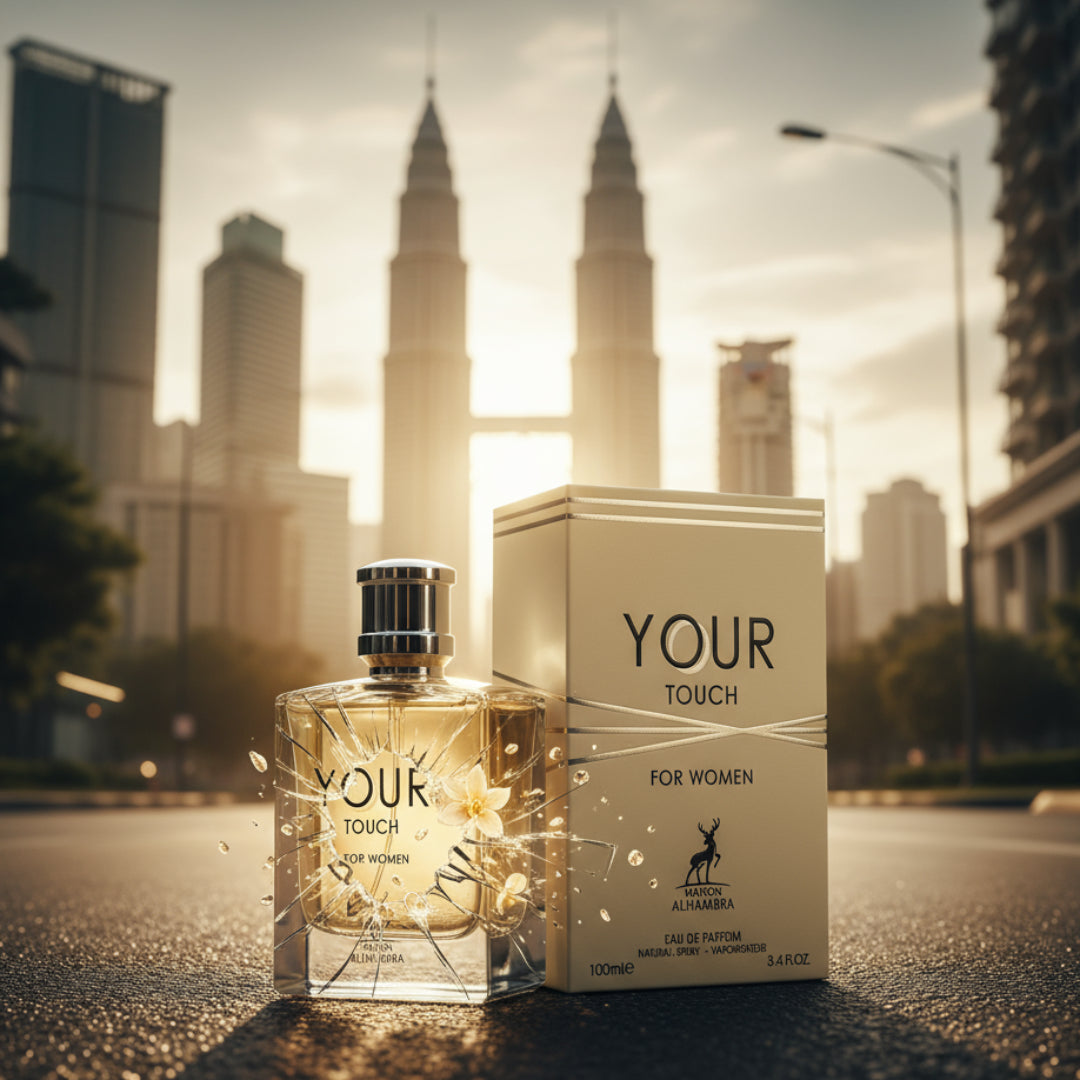 Perfume bottle and packaging of 'Your Touch' for women on a pink background