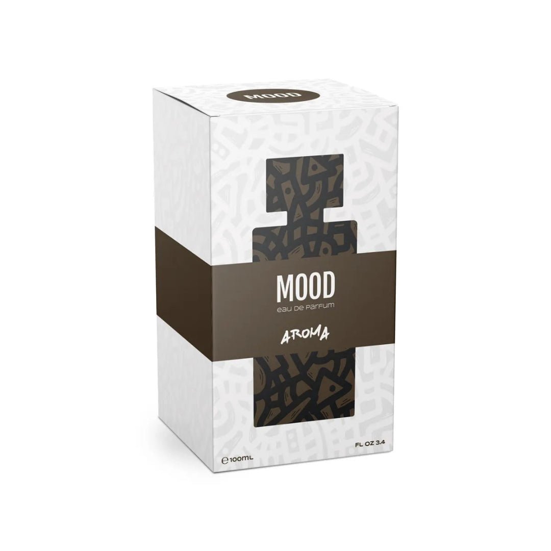 Perfume box labeled 'Mood' by Aroma on a white background