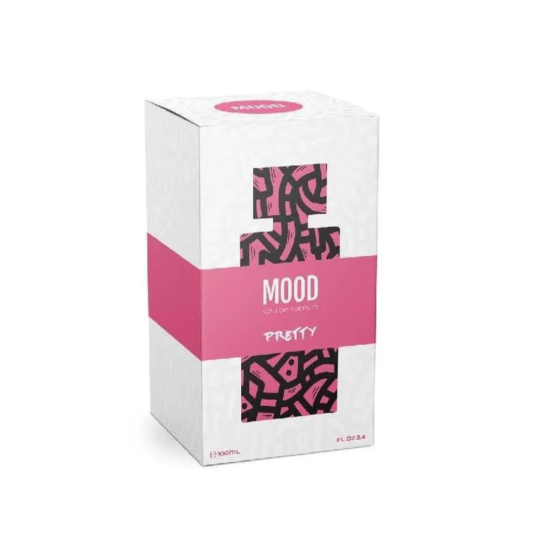Mood perfume box with pink and black design on a white background