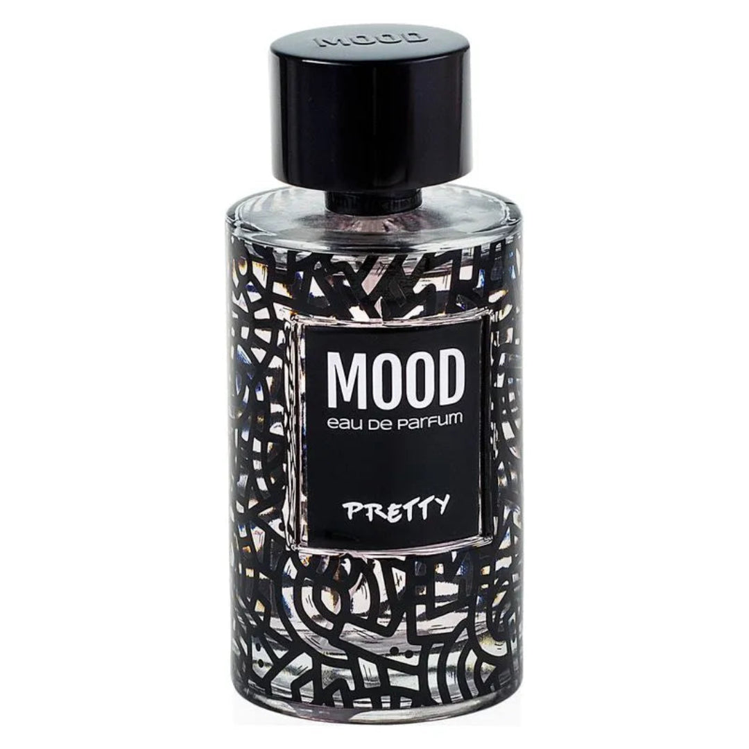 Perfume bottle labeled 'Mood Eau de Parfum Pretty' with black and white design on a white background