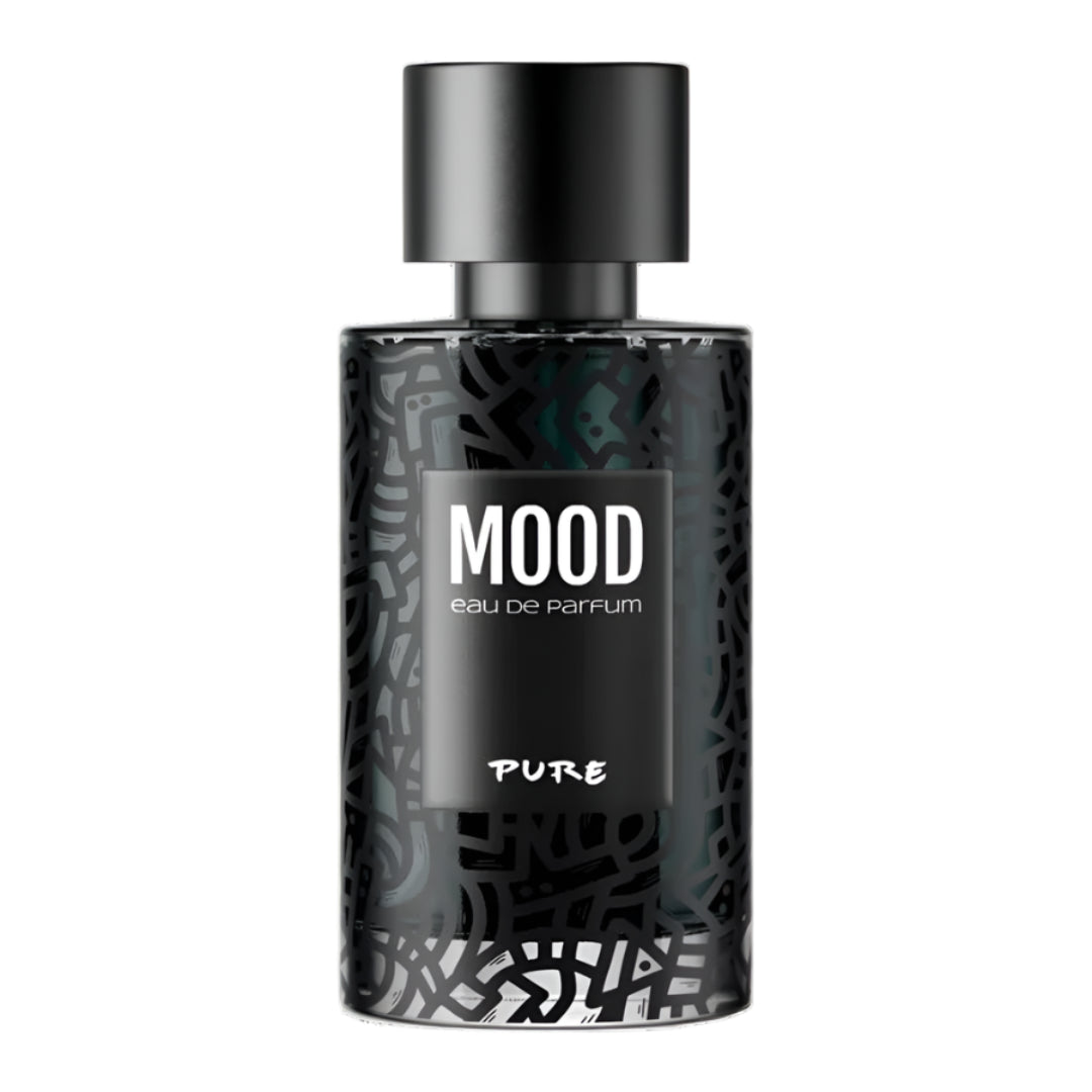 Perfume bottle labeled 'Mood Pure' on a white background