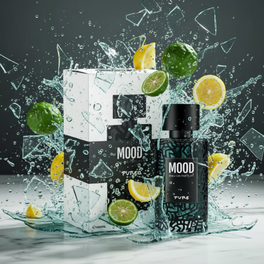 Mood Pure perfume bottle and packaging with floral and leaf decorations on a light pink background.