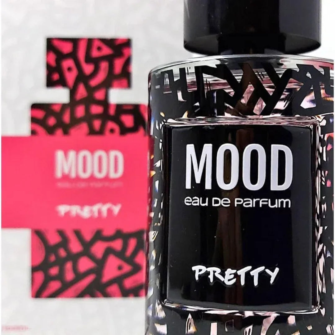 Mood eau de parfum bottle with packaging on a white background