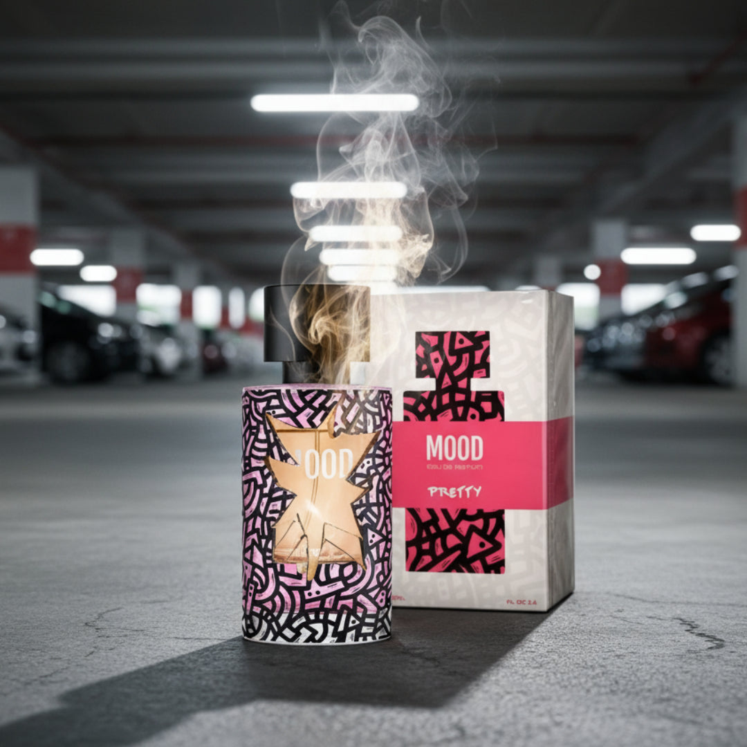 Mood eau de parfum bottle and packaging with geometric pattern on a white background