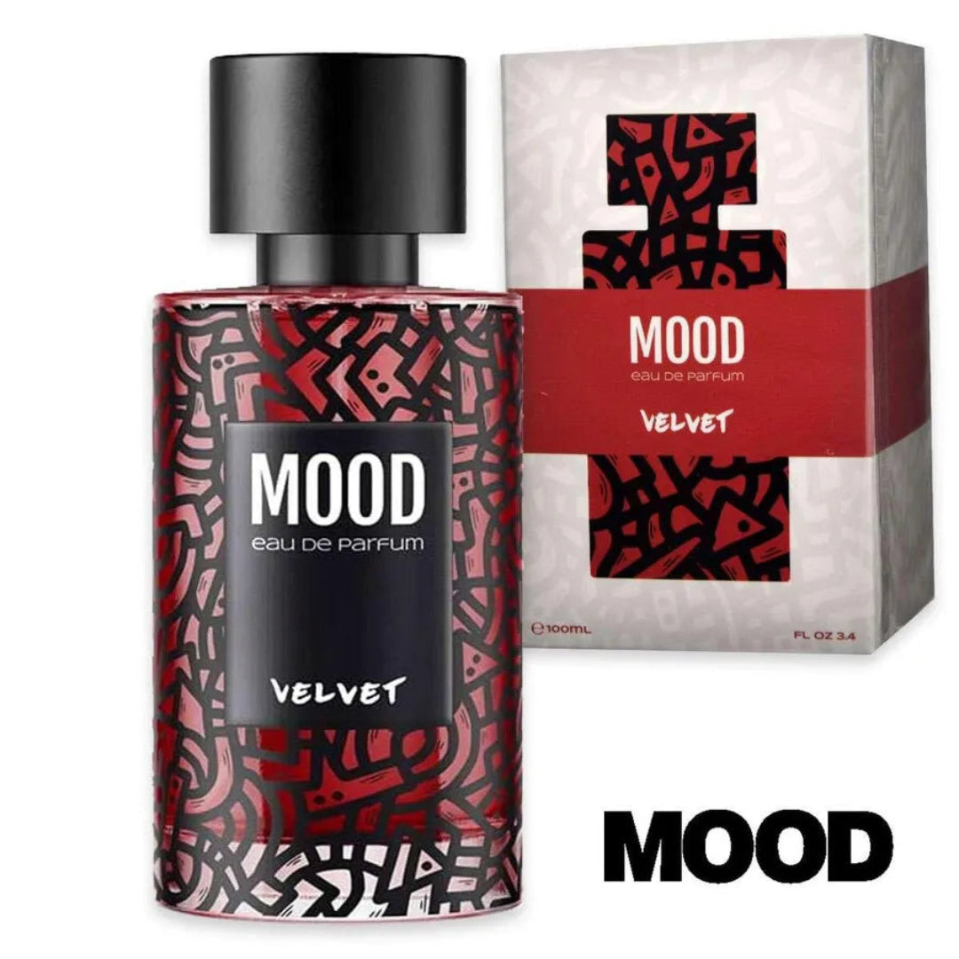 Mood eau de parfum bottle and packaging with red and black design on a white background