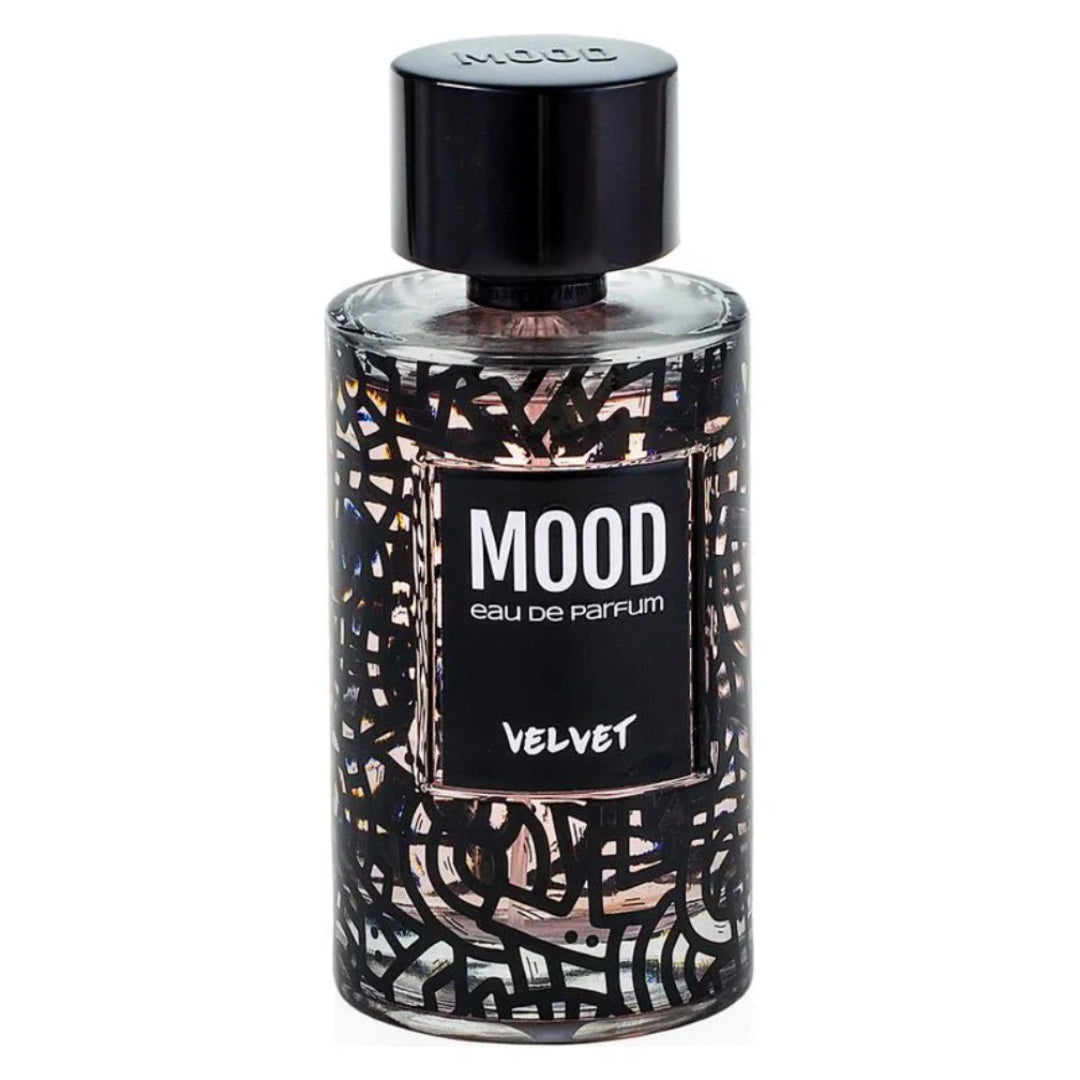 Perfume bottle labeled 'Mood' with a black and white pattern on a white background