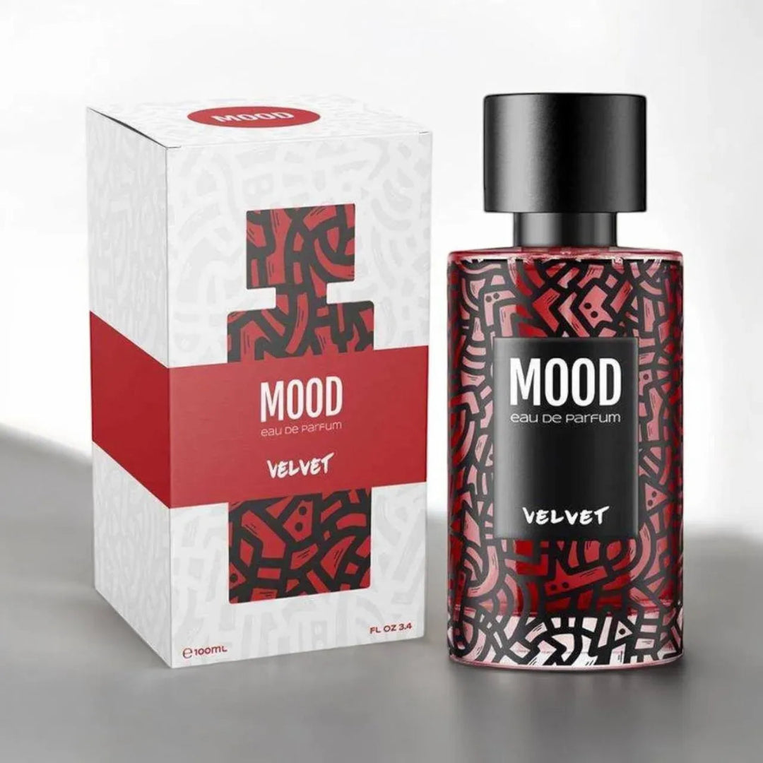 Perfume bottle and packaging with 'Mood' branding on a gray background