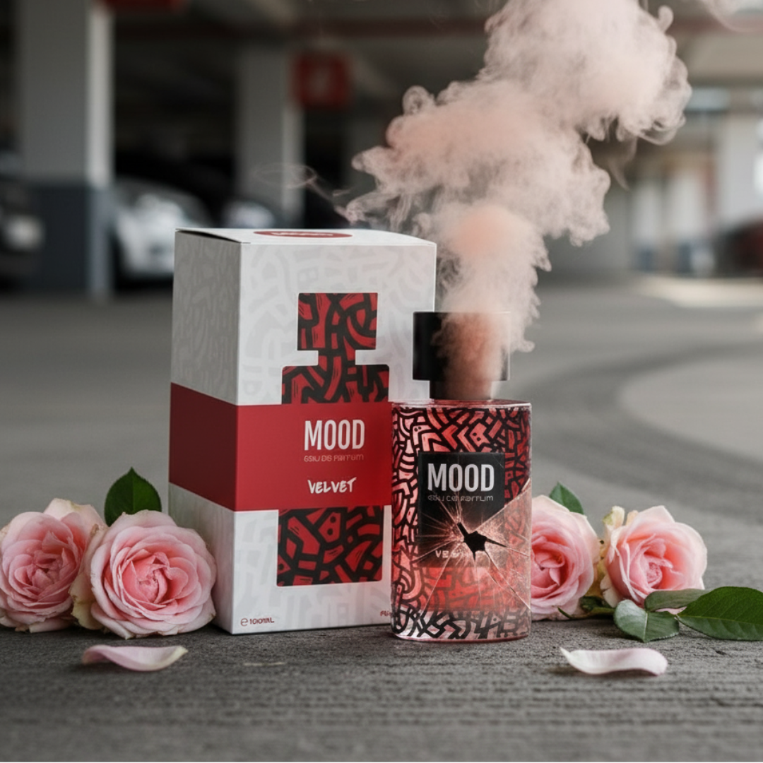 Mood Velvet perfume bottle and packaging on a pink background with floral elements.