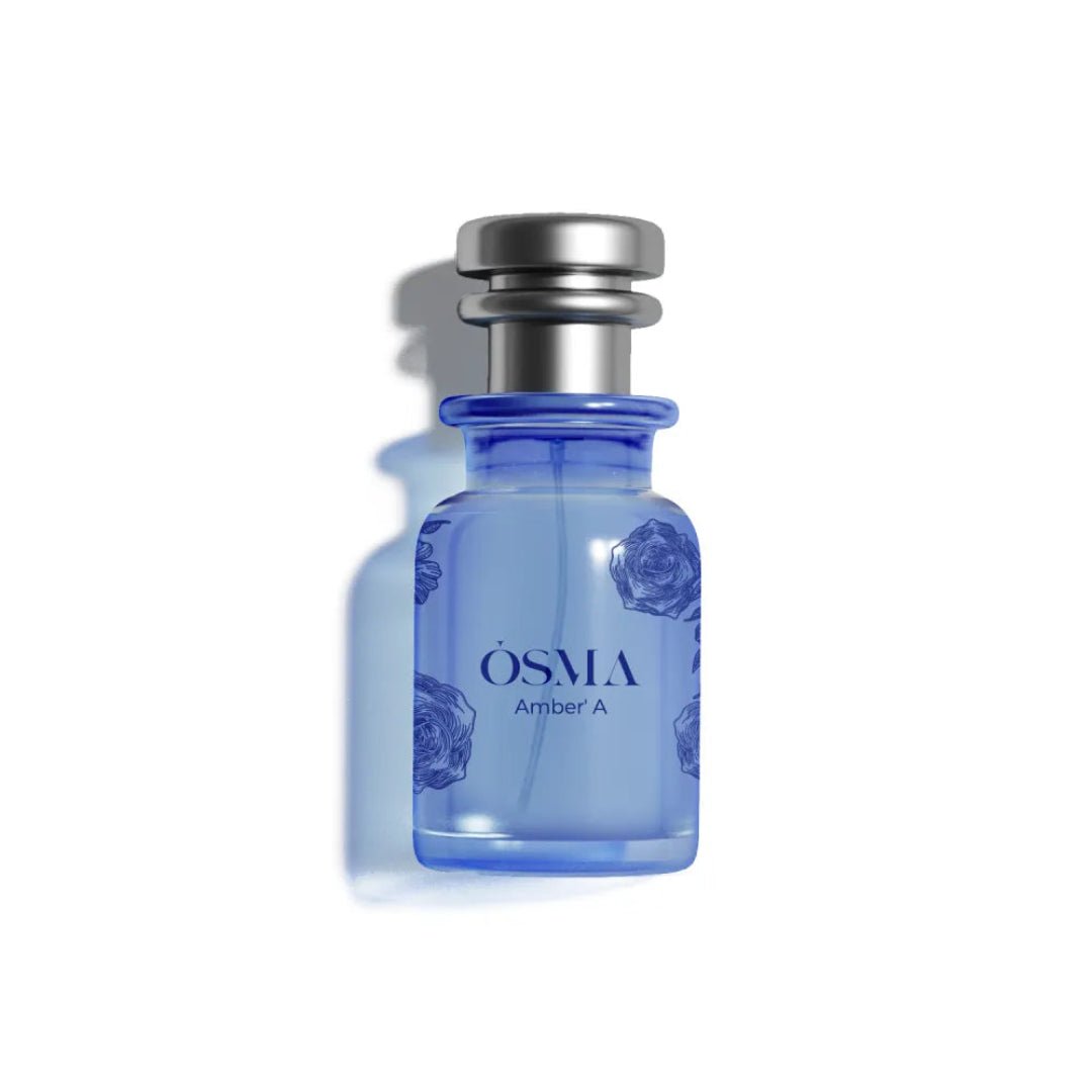 Blue Osma Amber A perfume bottle on a white background