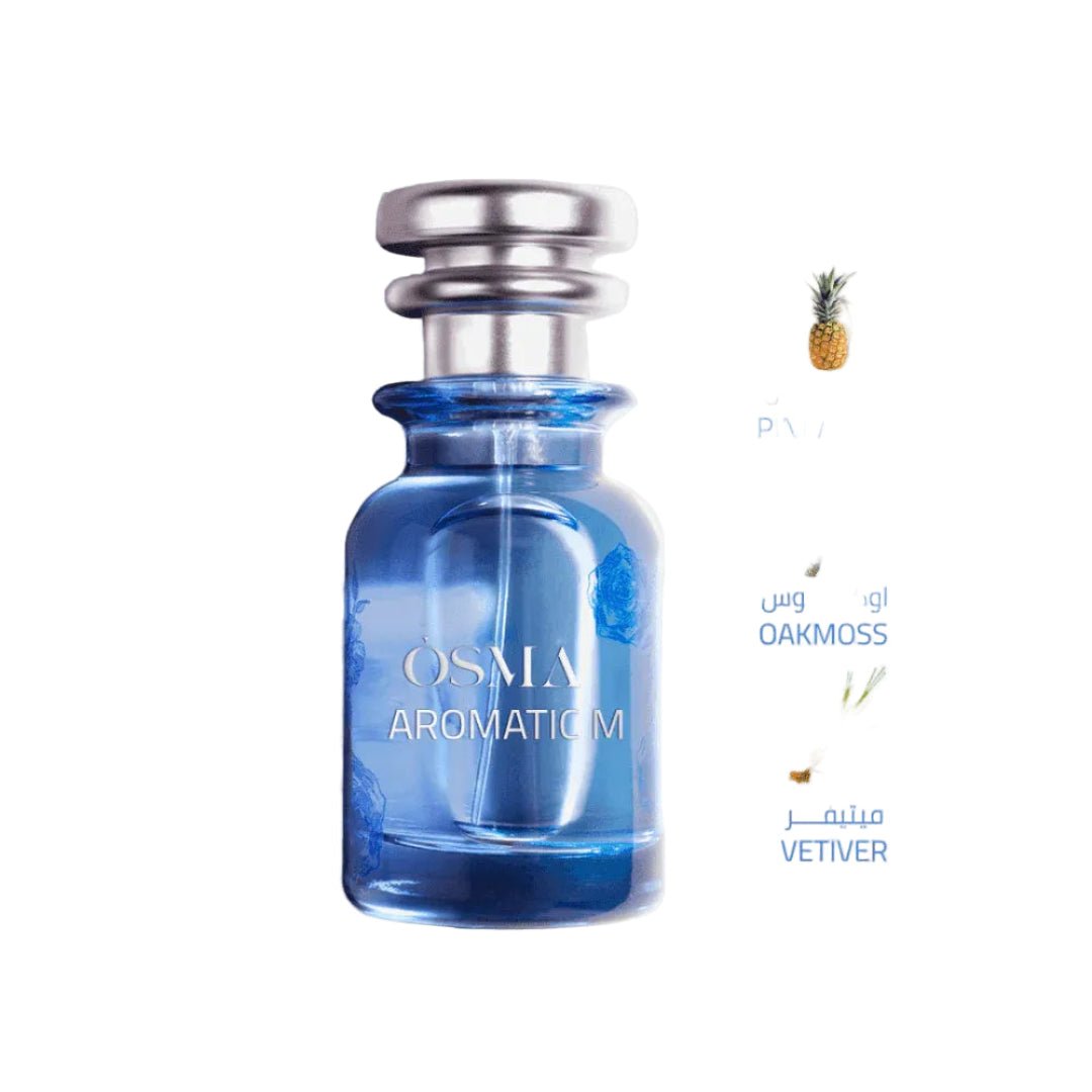 Blue Osma Aromatikm bottle with brand icons on a light gray background