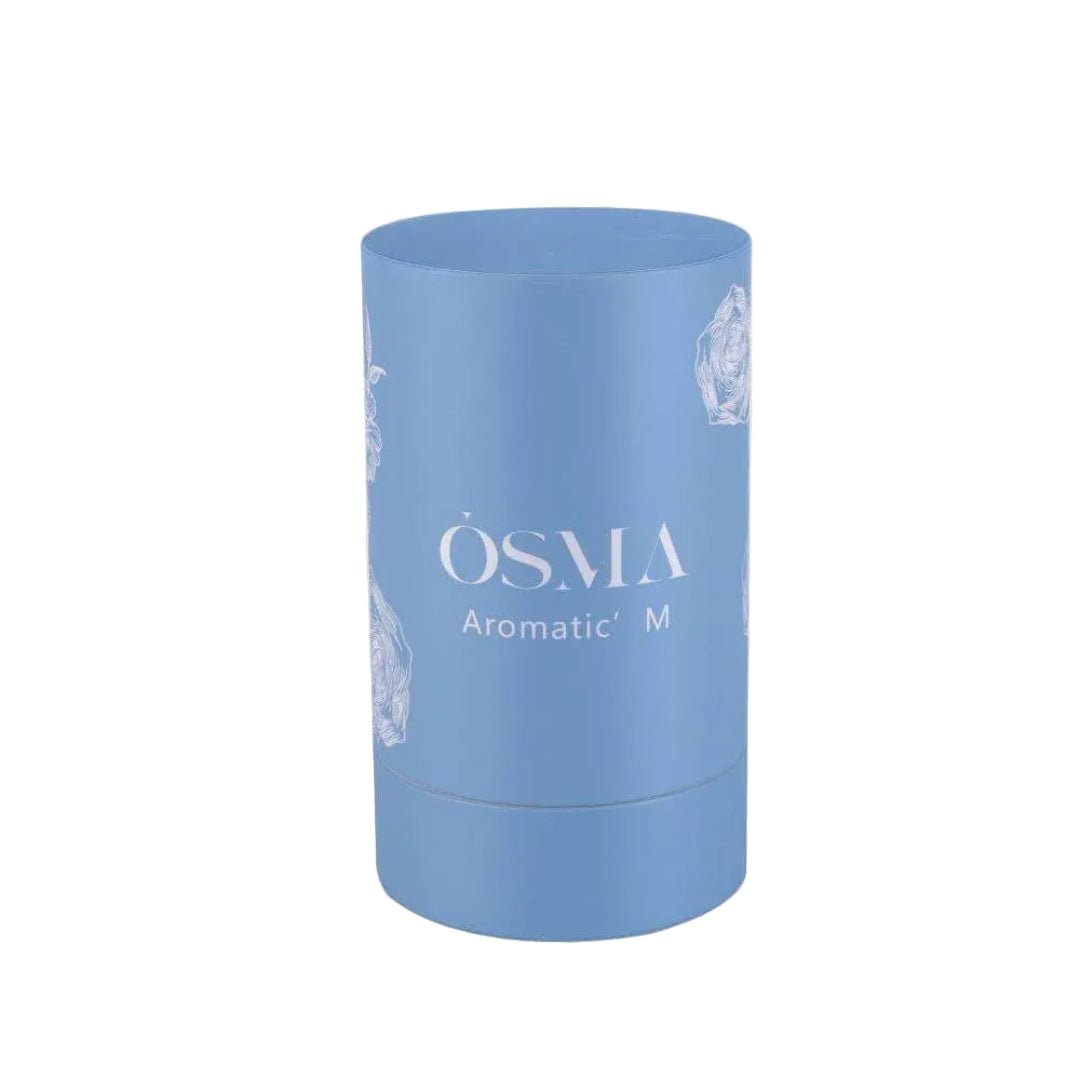 Blue cylindrical container with 'OSMA' branding on a light gray background