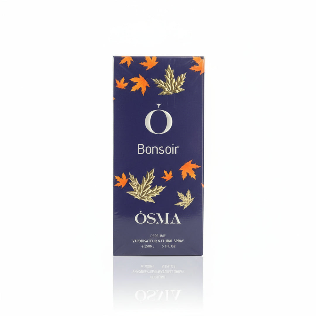 OSMA Bonsoir perfume packaging with autumn leaf design on a white background