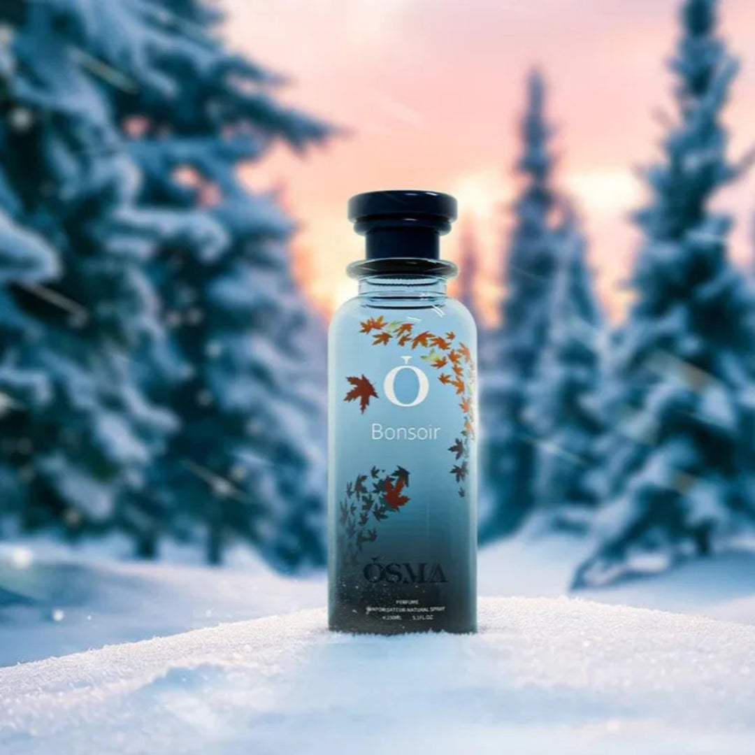 Bottle of Osmia Bonsai in a snowy landscape with trees in the background