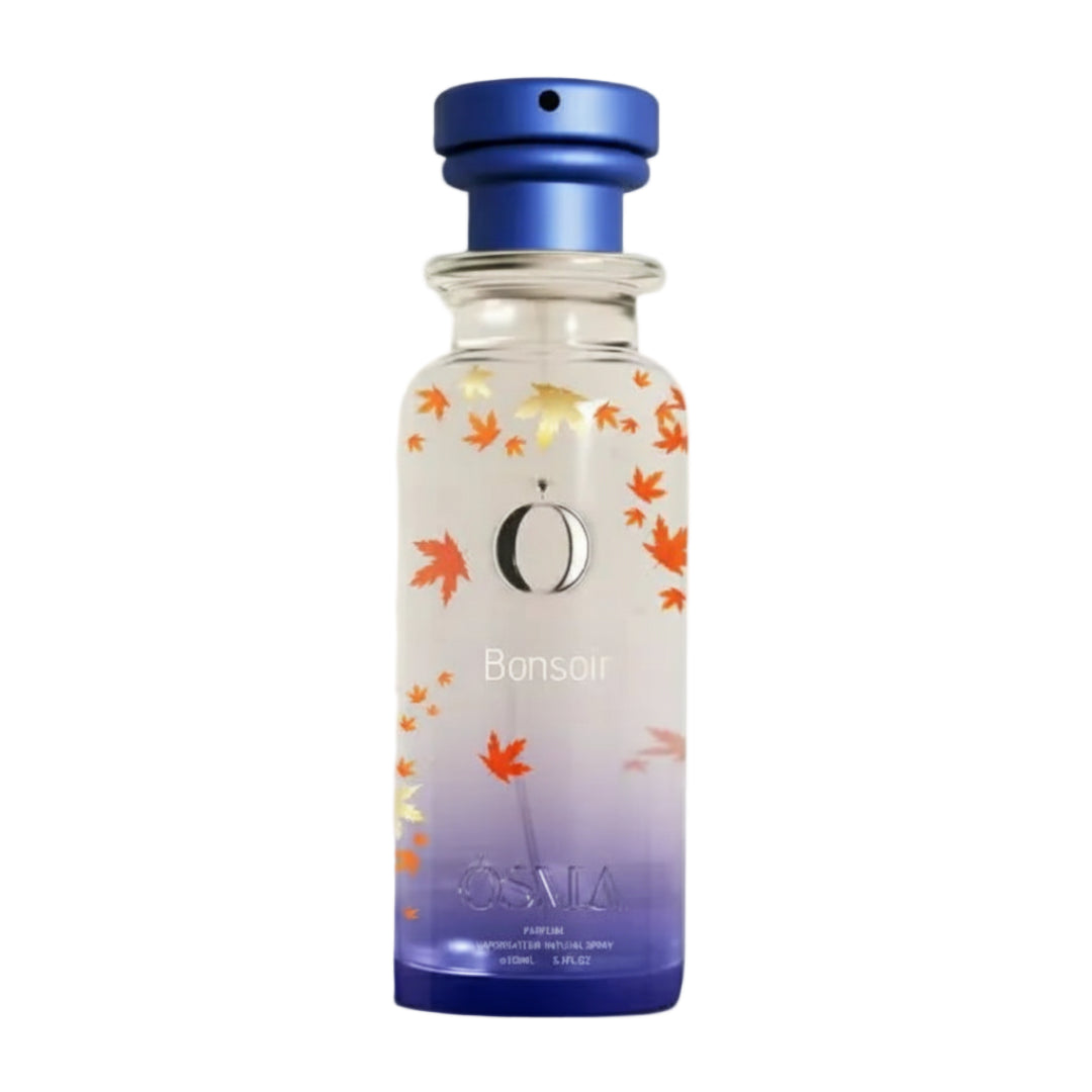 Perfume bottle with blue cap and floral design on a white background