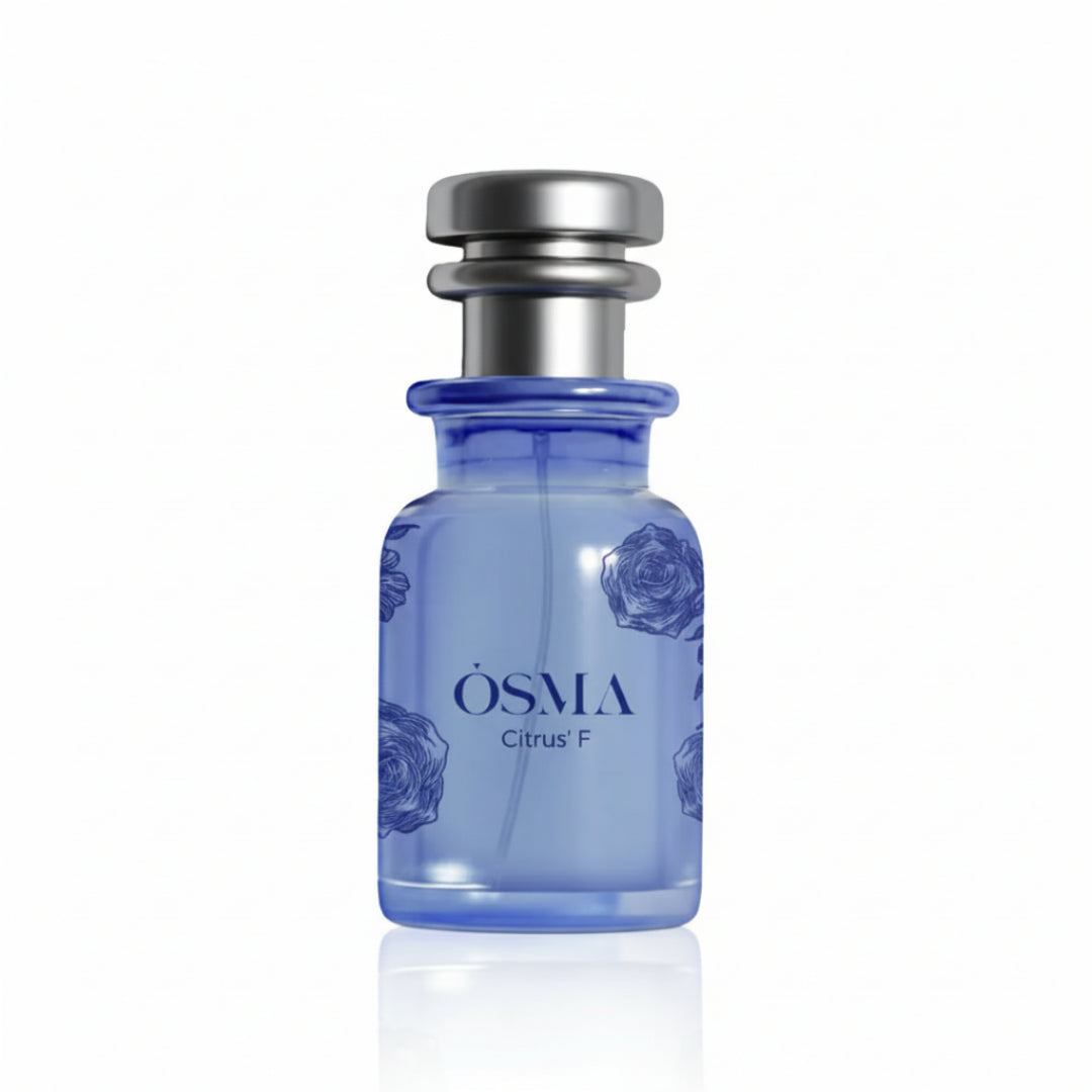Blue Osma perfume bottle with silver cap on a white background