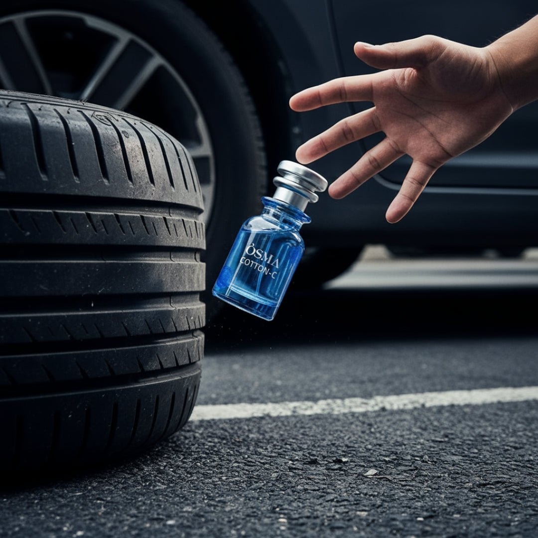 Blue perfume bottle with silver cap on a white background