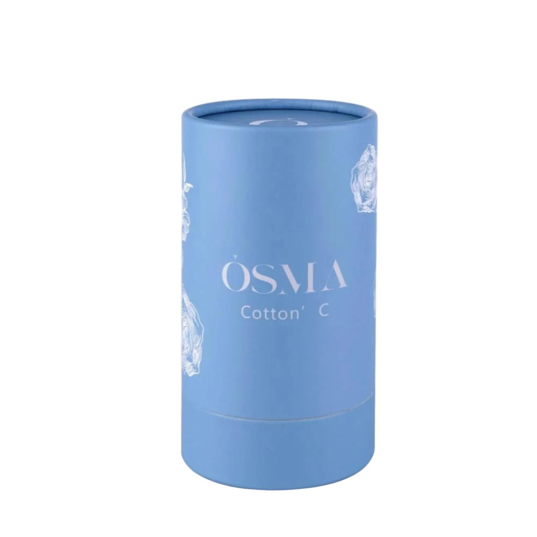 Blue cylindrical container with 'OSMA' branding on a white background