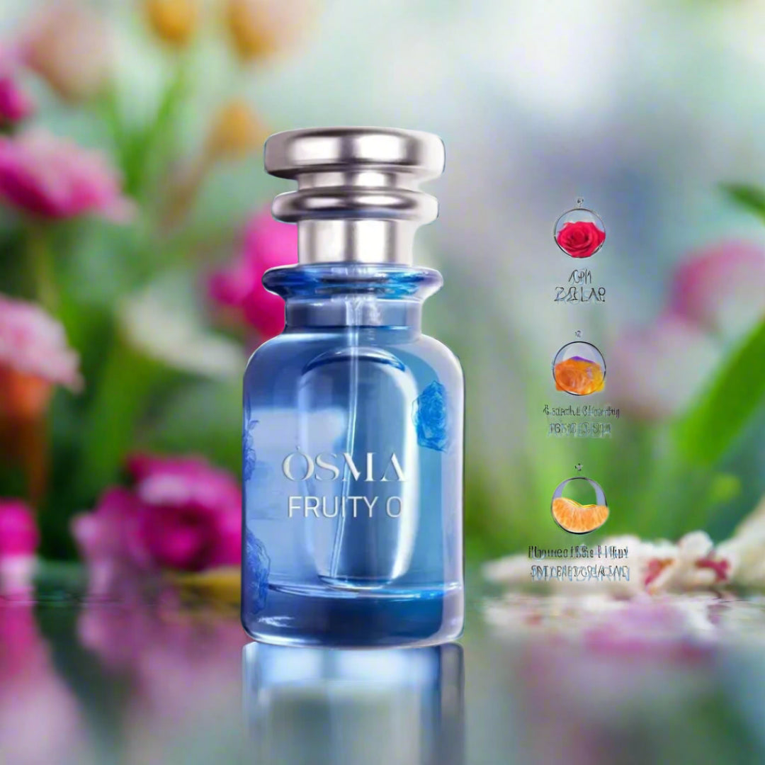 Blue perfume bottle with silver cap on a light gray background