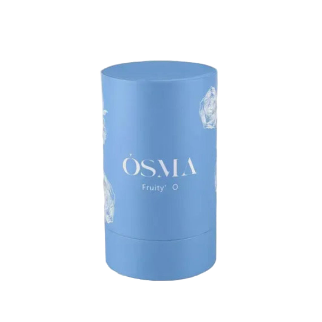 Blue cylindrical container with 'OSMA' branding on a beige background