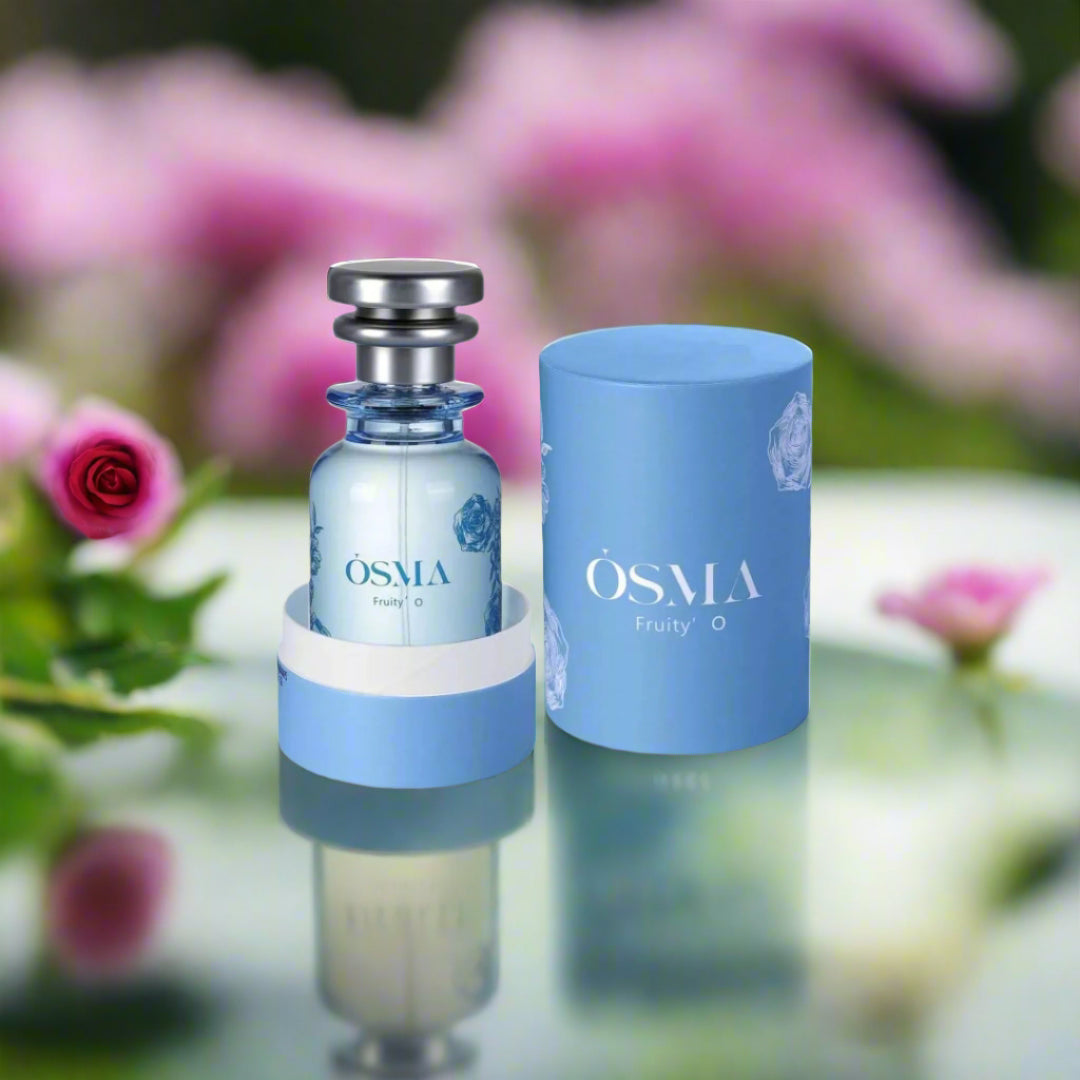 OSMA perfume bottle and packaging with ingredients displayed on a light blue background
