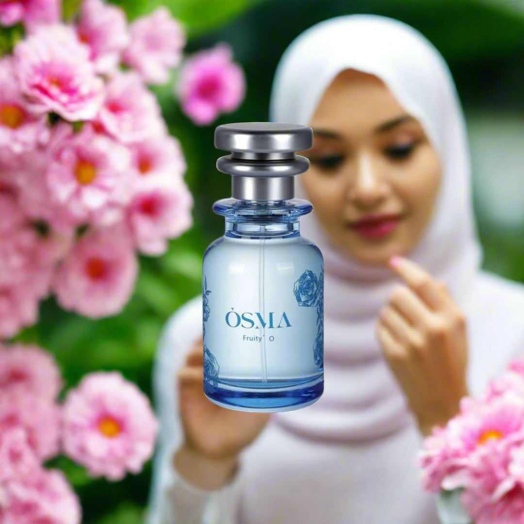 Blue Osma perfume bottle on a light gray background