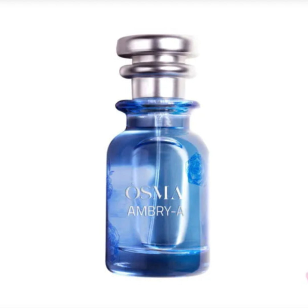 Blue perfume bottle with silver cap on a white background, featuring the 'Parfumo' brand.