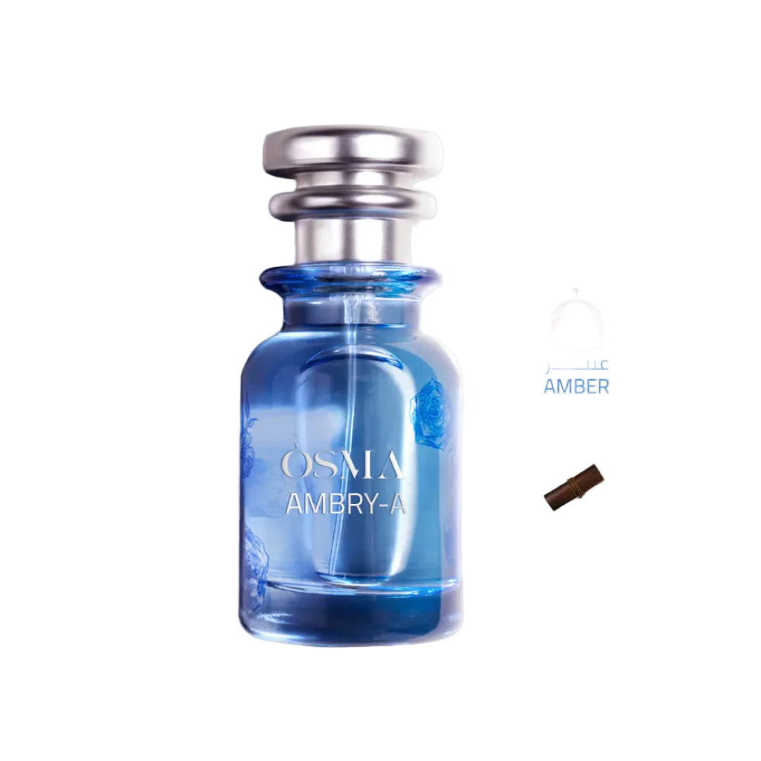 Blue perfume bottle labeled 'OSMA AMBRY-A' on a light gray background