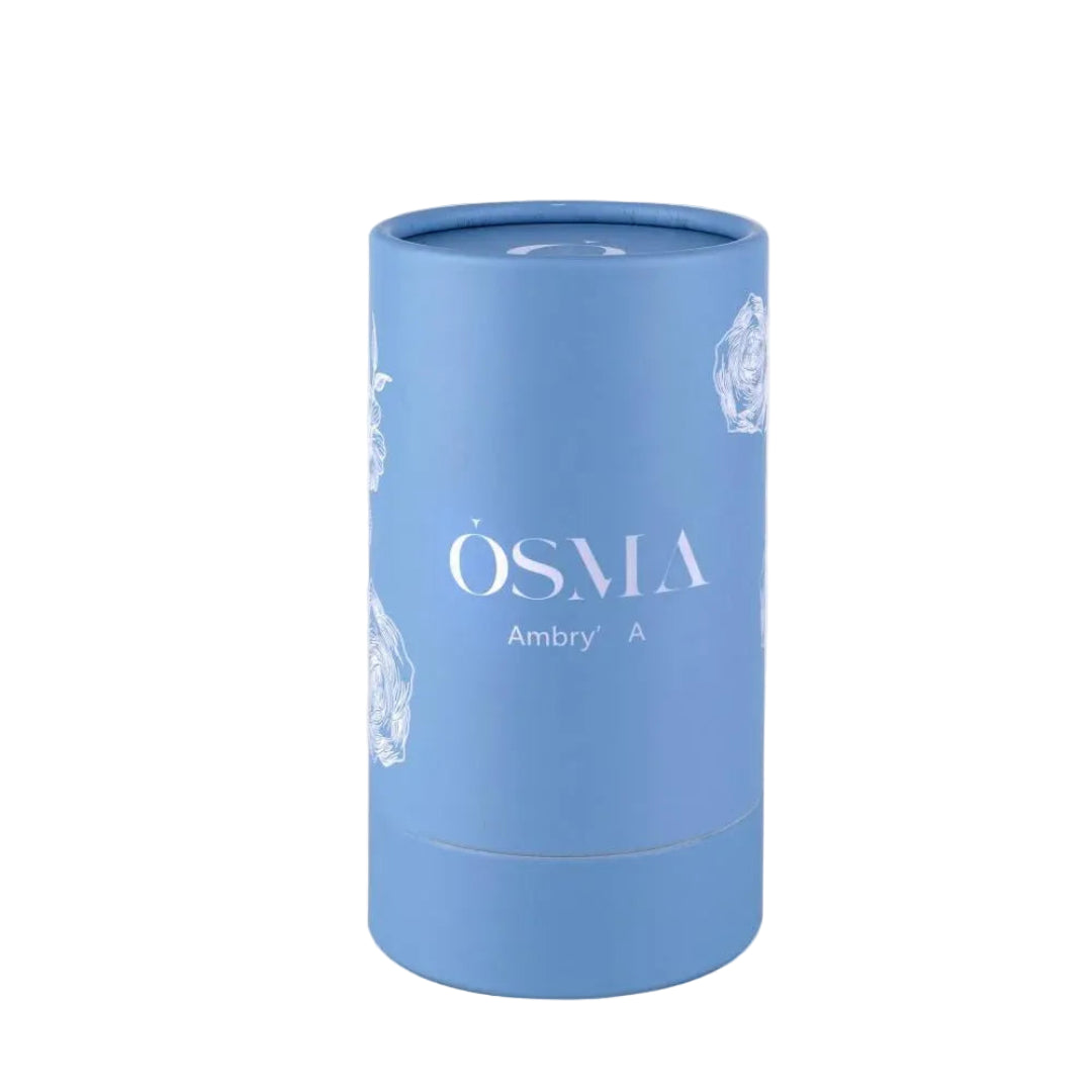 Blue cylindrical container with 'OSMA' branding on a light gray background