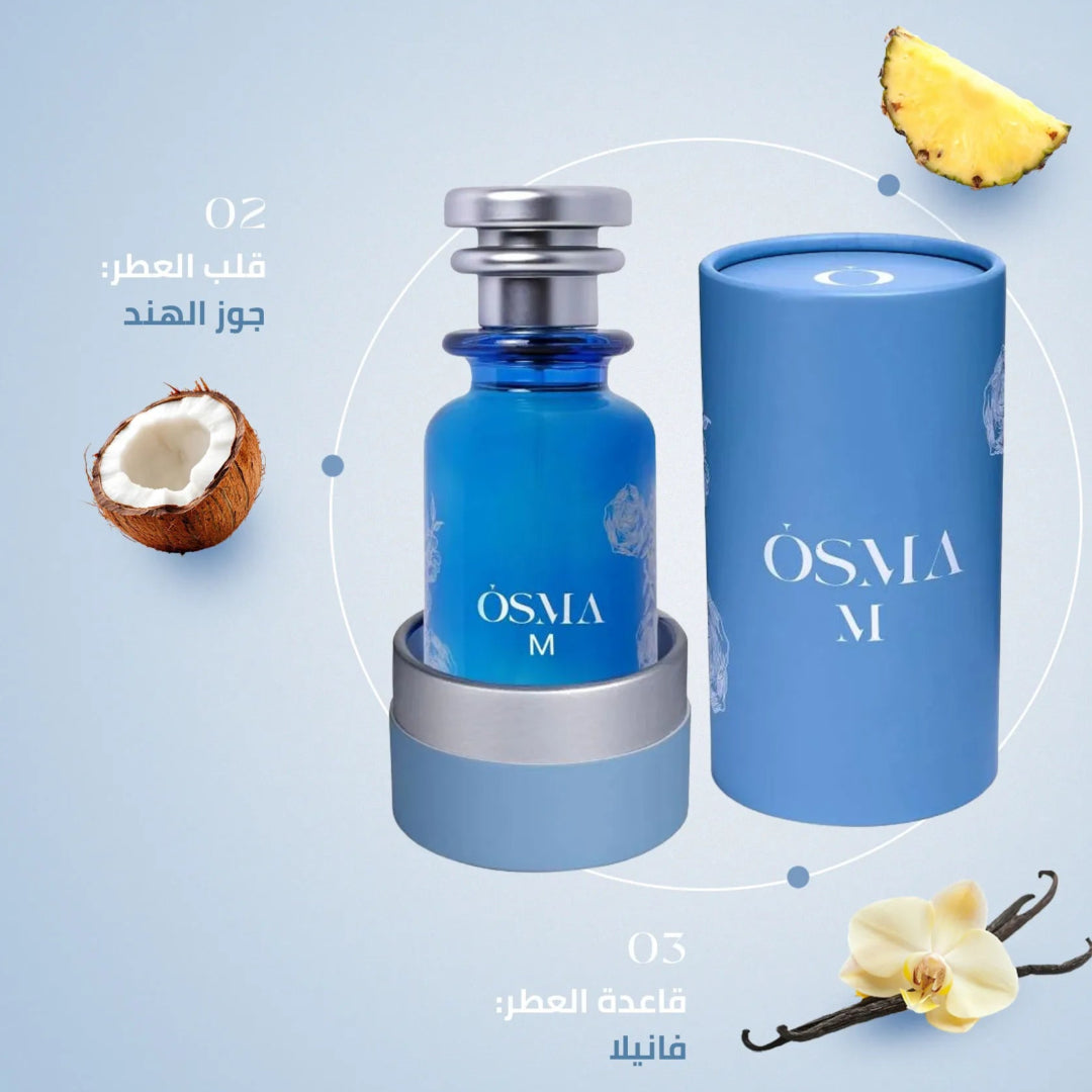 OSMA M perfume bottle and packaging with ingredients displayed on a light blue background