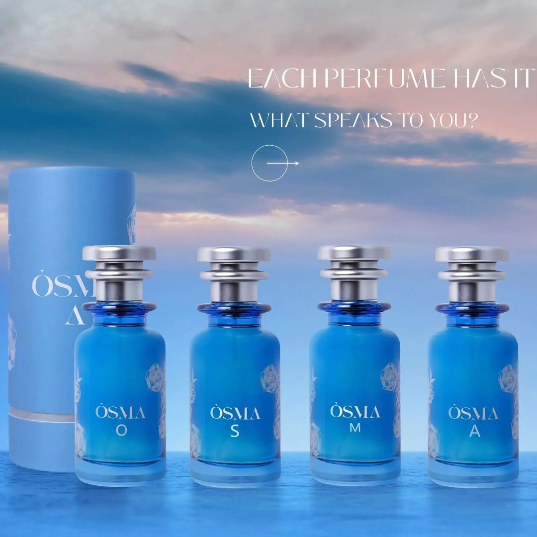 Set of blue perfume bottles with silver caps on a reflective surface, against a sky background.