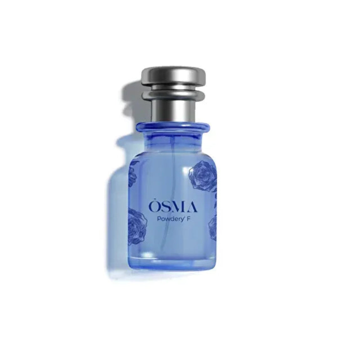 Blue Osma perfume bottle on a white background